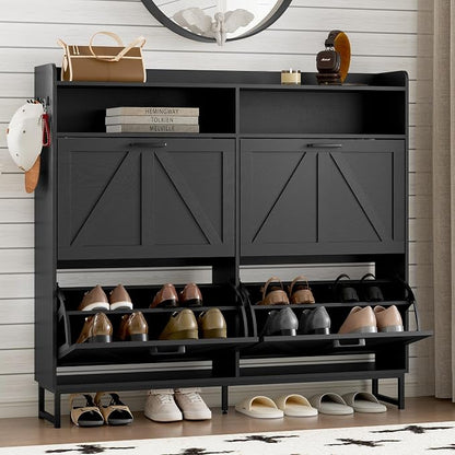 BORNOON Shoe Cabinet with 4 Flip Drawers Narrow Shoe Storage Cabinet Organizer Wooden Freestanding Shoe Rack Hidden Slim Shoes Storage Cabinet for Entryway, Hallway, Living Room, Bedroom