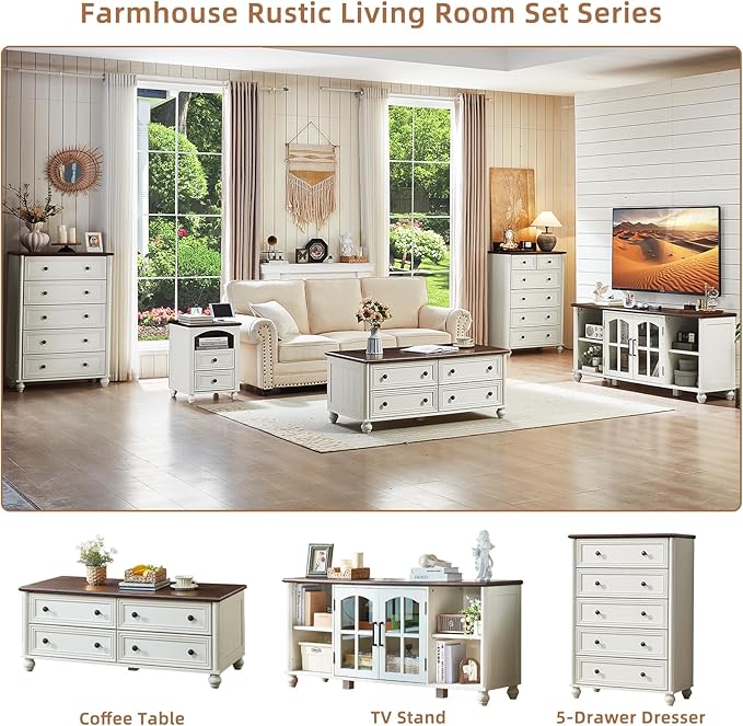RWYHG 48" Farmhouse Coffee Table with Hidden Storage,Wooden Coffee Tables with 4 Drawers & Roman Column Handle,Rectangular Rustic Center Table with Solid Wood Curved Base for Living Room,Office,White