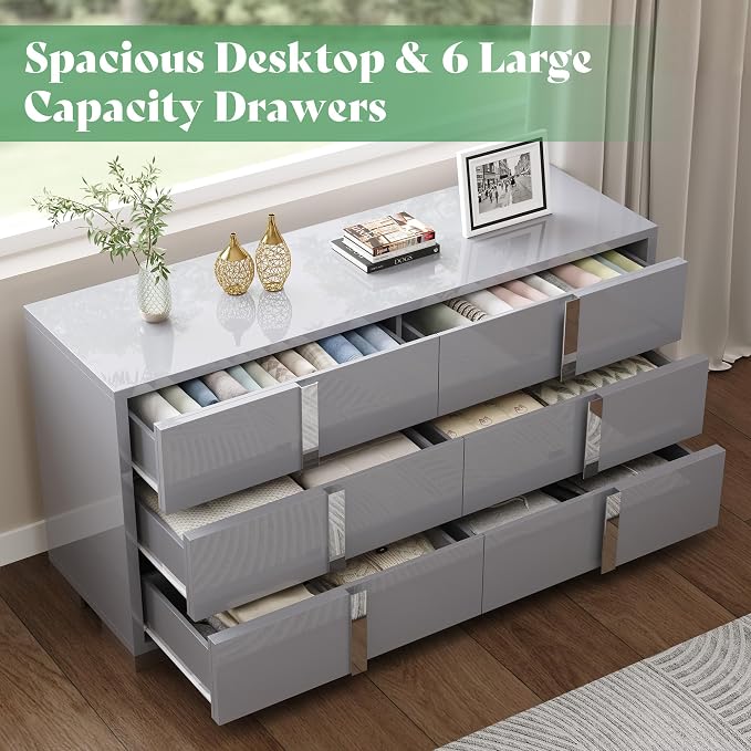 AMERLIFE 4 Piece Bedroom Dresser Set, Modern High Gloss UV Finish, 2 Nightstands, Chest of 5 Drawers & 6-Drawer Dresser, Electroplated Metal Handles, Bedroom Furniture Set, Grey