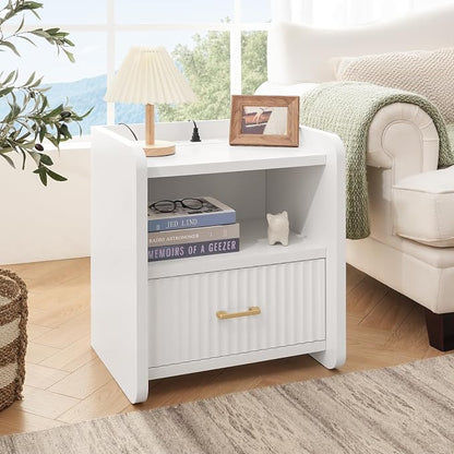Night Stand with Charger Station - Modern Wood Nightstand with Drawer Storage, Fluted Wide Nightstands Bedside Table, Mid Century Night Stands for Bedroom Home Office Sofa, White
