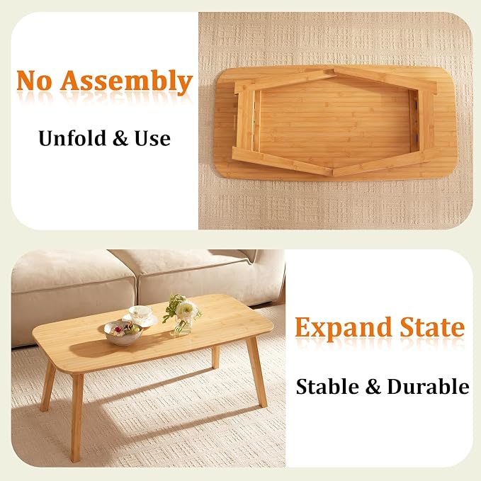 Baveke Folding Coffee Table- Foldable Floor Tables, Mid Century Coffee Table for Living Room, Small Coffee Tables Solid Wood Japanese Low Table for Sitting on Floor, No Assembly, 39.4''-Natural
