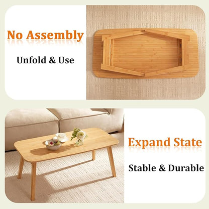 Baveke Folding Coffee Table- Foldable Floor Tables, Mid Century Coffee Table for Living Room, Small Coffee Tables Solid Wood Japanese Low Table for Sitting on Floor, No Assembly, 39.4''-Natural
