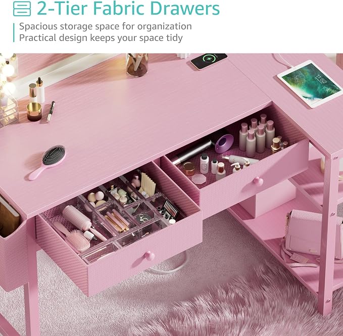 DLisiting Pink Reversible L Shaped Desk with Drawers and Shelves, Small Kids Study Vanity PC Computer Desk with Storage for Girls, Corner L-Shaped Desks for Small Space Bedroom