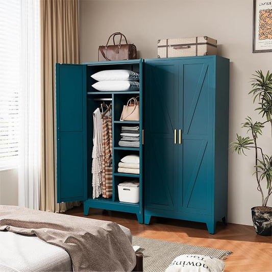 COFaR Peacock Blue Armoire Wardrobe, 71" Metal Closet with Reversible Hanging & Shelving Sections, Freestanding Storage Cabinet with Top Compartment & Adjustable Shelves