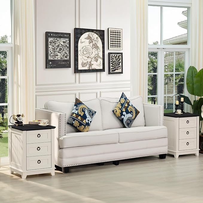 Joaxswe Farmhouse Night Stand Set of 2, 18" End Table with 3 Drawer Metal Handle, Dresser for Bedroom, Sofa Bed Side Table Chest of Drawers,Wood Nightstand Cabinet for Organizer, Living Room-White