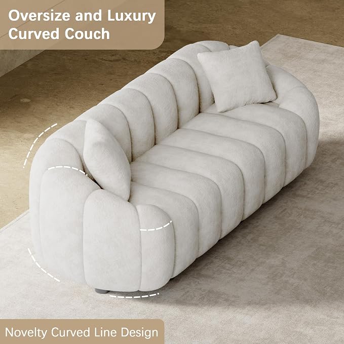 92" Oversized Minimalistic Boucle Sofa for Living Room, Luxury Plush Extra Deep Seat Tufted Sofa, Modern Comfy Curved Cloud Couch, Upholstered 3-Seater Chenille Couches, Beige White