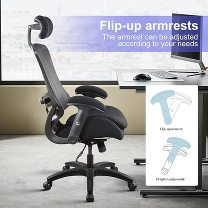 BOLISS Ergonomic Tall Office Chair with Double-Layer Seat Cushion, Desk Chair Adjustable Headrest, Adjustable Lumbar Support, Height Adjustable Flip-Up Arms