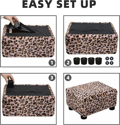 CAROLMADE Small Foot Stool Ottoman Footstool with Legs Under Desk Footrest for Living Room Bedroom and Office, Faux Fur Pink
