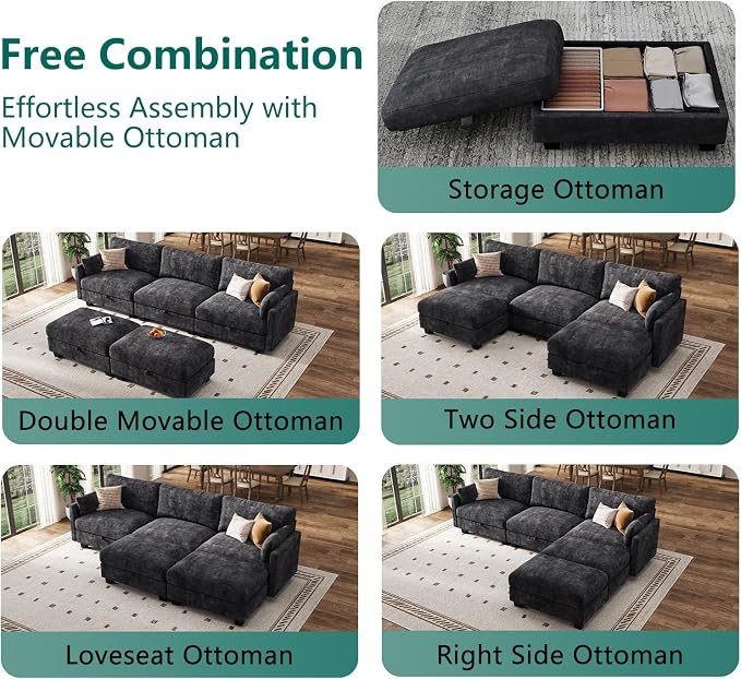 Sectional Couches for Living Room, U Shaped Modular Sectional Sofa, Cloud Couch with Storage Ottoman, Comfy Chenille Sofa with Pillow, Black