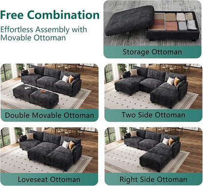 Sectional Couches for Living Room, U Shaped Modular Sectional Sofa, Cloud Couch with Storage Ottoman, Comfy Chenille Sofa with Pillow, Black