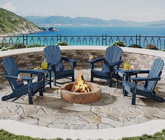 GarveeLife Folding Adirondack Chair Set of 4 with 2 Side Table, All-Weather HDPE Outdoor Chair, Wooden Textured with Cup Holder for patios, Decks, Gardens, fire pits, Navy Blue