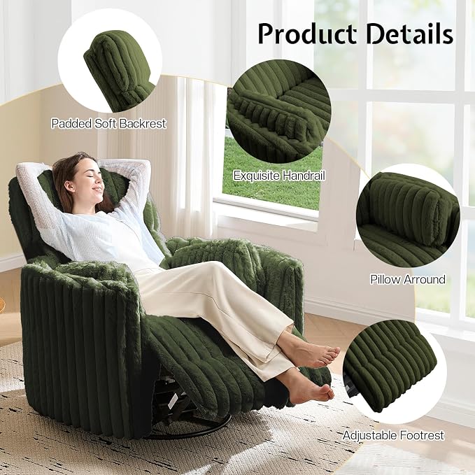 Jocisland Power Recliner Nursery Chair for Adults, Electric Swivel Rocking Glider with USB & Type-C, Soft Fabric Armchair with 2 Pillows, Cozy Reclining Sofa for Living Room, Bedroom, Green