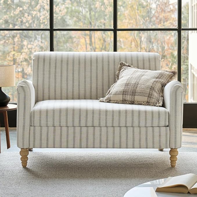 HULALA HOME 50.5" Loveseat Sofa with Stripe Pattern, 2 Seater Farmhouse Sofa with Rolled Wide Armrests and Rubber Wood Legs, Comfy Upholstered Small Couch for Living Room Bedroom, Grey