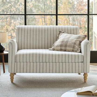 HULALA HOME 50.5" Loveseat Sofa with Stripe Pattern, 2 Seater Farmhouse Sofa with Rolled Wide Armrests and Rubber Wood Legs, Comfy Upholstered Small Couch for Living Room Bedroom, Grey