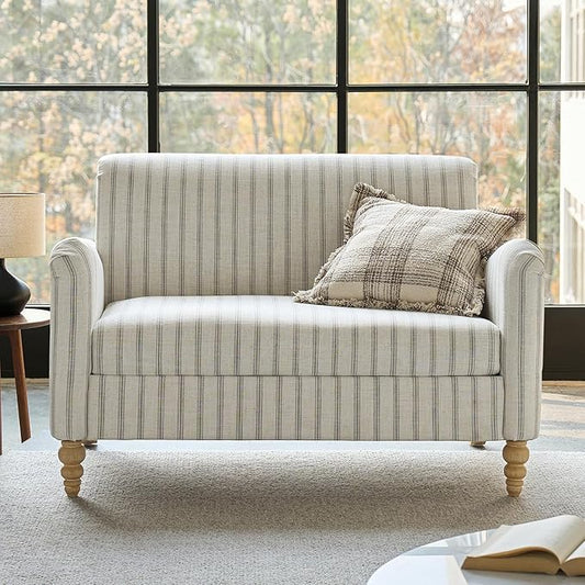 HULALA HOME 50.5" Loveseat Sofa with Stripe Pattern, 2 Seater Farmhouse Sofa with Rolled Wide Armrests and Rubber Wood Legs, Comfy Upholstered Small Couch for Living Room Bedroom, Grey