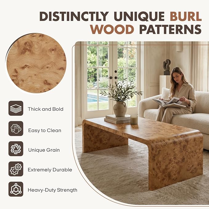 Hyfirm 47" Mid Century Modern Burl Wood Coffee Table, Rectangular Waterfall Center Table for Living Room, Minimalist Large Sofa Table with Rounded Edges & Sturdy Curved Legs, Easy Assembly