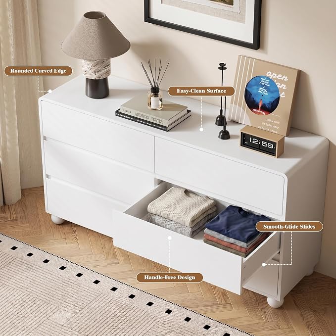 Furniway 3 Piece Bedroom Set, 6 Drawer Dresser and 2 Drawer Nightstand Set of 2 with Round Legs, Modern Wood Chest of Drawers Storage Cabinet for Bedroom, White