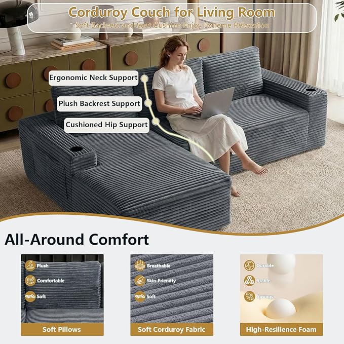 104" Cloud Sectional Couch L-Shaped with Side Pockets Cup Holders, Corduroy Boneless Couch for Living Room,Upholstered Deep-Seat Modular Sectional Sofa, No Assembly Required (Grey,Left Facing Chaise)