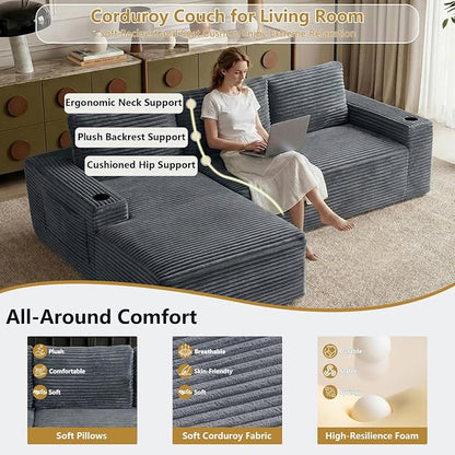 104" Cloud Sectional Couch L-Shaped with Side Pockets Cup Holders, Corduroy Boneless Couch for Living Room,Upholstered Deep-Seat Modular Sectional Sofa, No Assembly Required (Grey,Left Facing Chaise)