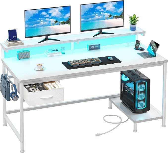 DurayLoly Computer Desk with Ergonomic Monitor Stand & CPU Stand,47.2" Gaming Desk with 1 Drawer & Power Outlet & LED Lights for Home Work, Bedroom Study and Gaming, Small Spaces,White