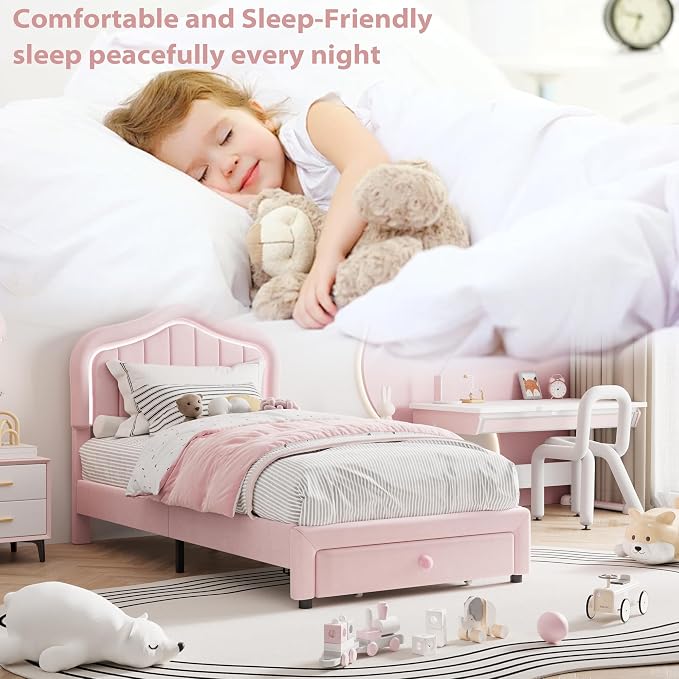 GarveeHome Upholstered Twin XL Bed Frame with Led Lights and Storage Drawer, Velvet Led Bed Frame with Headboard for Kids, Girls, Boys, No Box Spring Needed, Wooden Slats, Noise Free, Pink