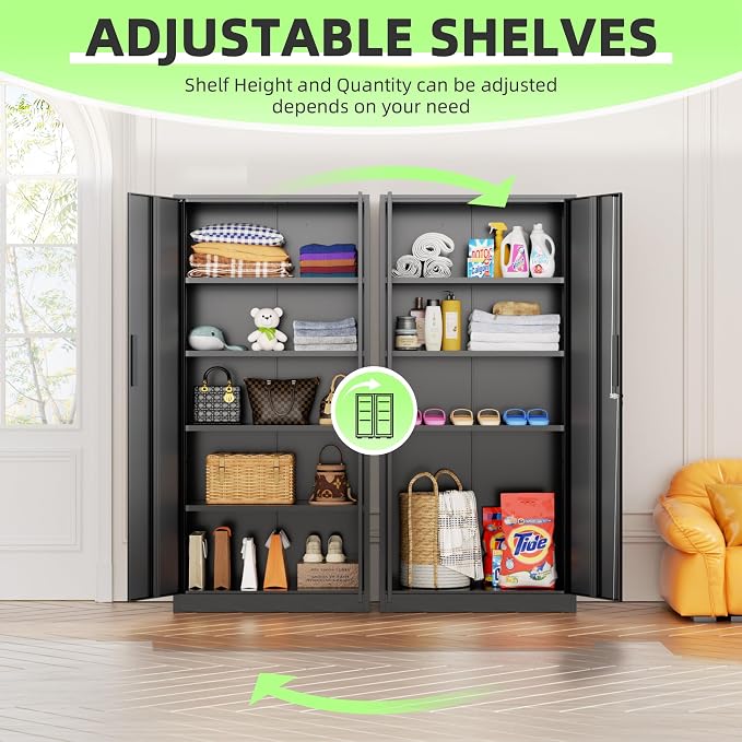 Bonusall 72" Storage Cabinet,2 Locking Doors & 4 Adjustable Shelves,Tall Cabinets,Heavy Duty Steel Cabinet for Home, Office, Warehouse, School (Black)