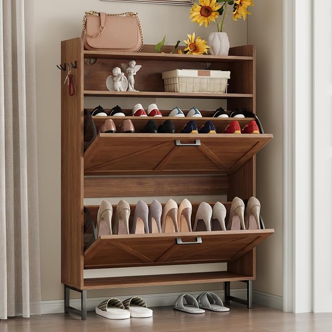 BORNOON Shoe Cabinet with 2 Flip Drawers Narrow Shoe Storage Cabinet Organizer Wooden Freestanding Rack Hidden Slim Storage for Entryway, Hallway, Living Room, Bedroom