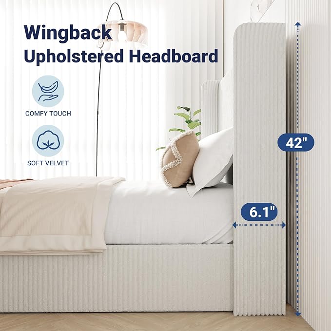 Allewie Full Lift-Up Storage Bed Frame with Modern Wingback Headboard, Corduroy Upholstered Platform Bed, Hydraulic Gas Lift Support, Underbed Storage, Wooden Slats, No Box Spring Needed, White