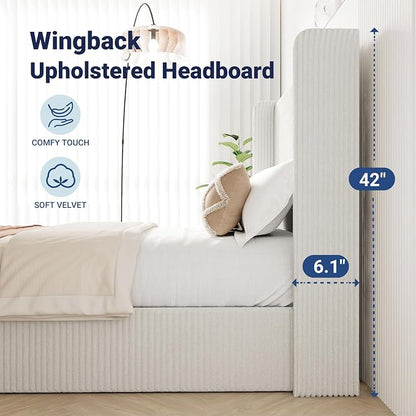 Allewie Full Lift-Up Storage Bed Frame with Modern Wingback Headboard, Corduroy Upholstered Platform Bed, Hydraulic Gas Lift Support, Underbed Storage, Wooden Slats, No Box Spring Needed, White