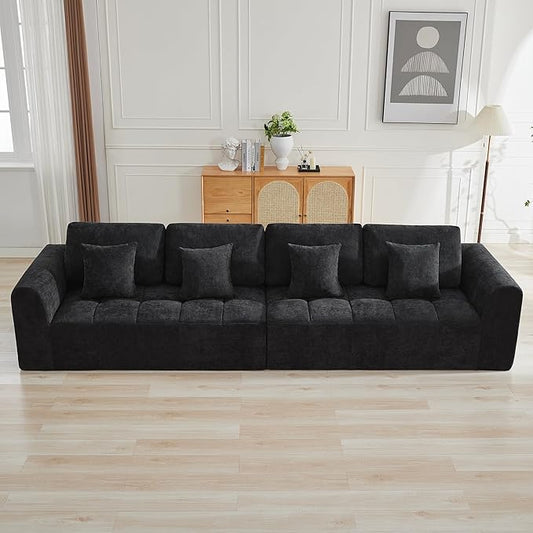 140''Modular Sectional Couches for Living Room, Cloud Boneless Compressed Sectional Sofa, Oversized 4 Seater Upholstered Memory Foam Sofa, No Assembly, Chenille Black