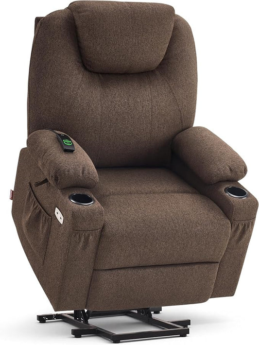 MCombo Power Lift Recliner Chair for Elderly, Lift Chair with Heat and Massage for Tall People, USB&Type C Ports, Extended Footrest, Cup Holders, Fabric 7516 (Large, Brown)