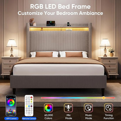 Queen Bed Frame with Tall Headboard, 55.3" Upholstered Platform Bed with LED Lights & Charging Station, Elegant Corduroy Bedframe, 2-tier Storage Wingback Headboard, No Box Spring Needed, Gray Brown