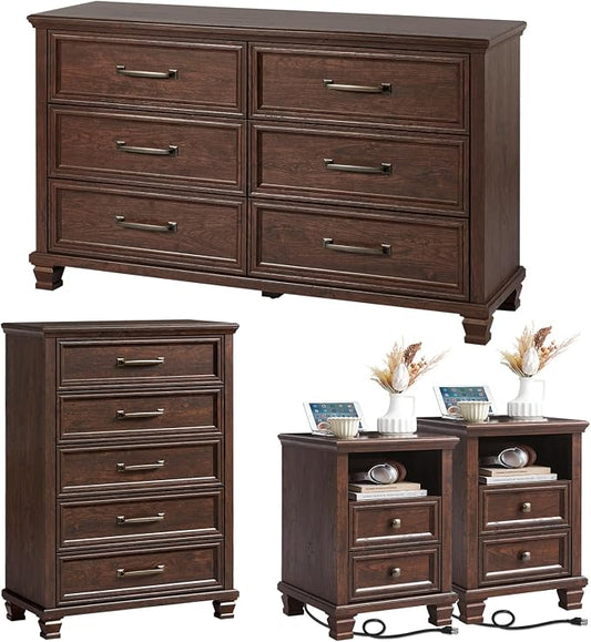 SAVOR LIFE Farmhouse Bedroom Dresser and Nightstand Sets 4 Piece, 5/6 Drawer Dresser & 2 Drawer Nightstand Set for Home, Bedroom, Hallway, Walnut