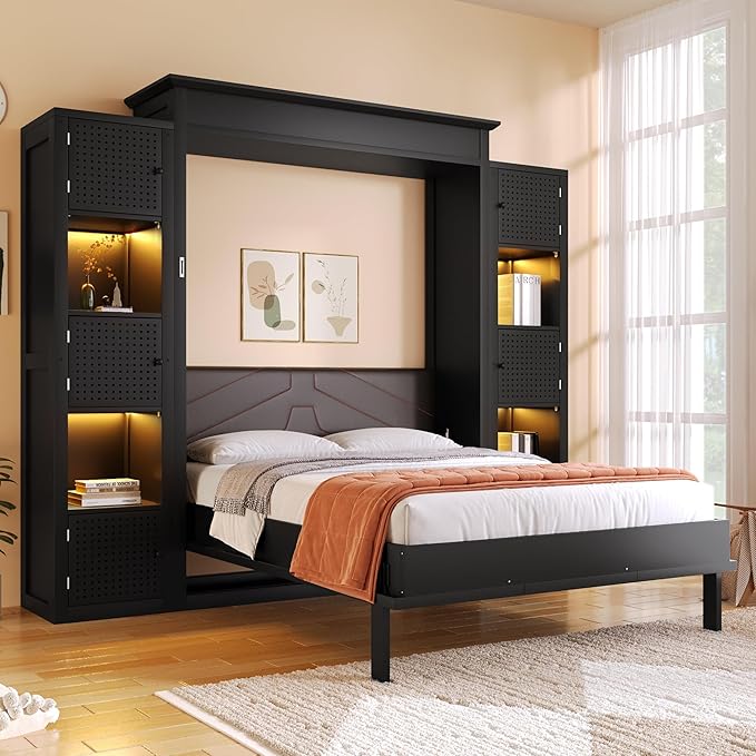 MERITLINE Queen Murphy Bed with Storage Bookcase Shelves and LED Light, Solid Wood Murphy Wall Beds with Storage Cabinet Shelves,for Adults,Space-Saving for Office,Bedroom,Guest Room