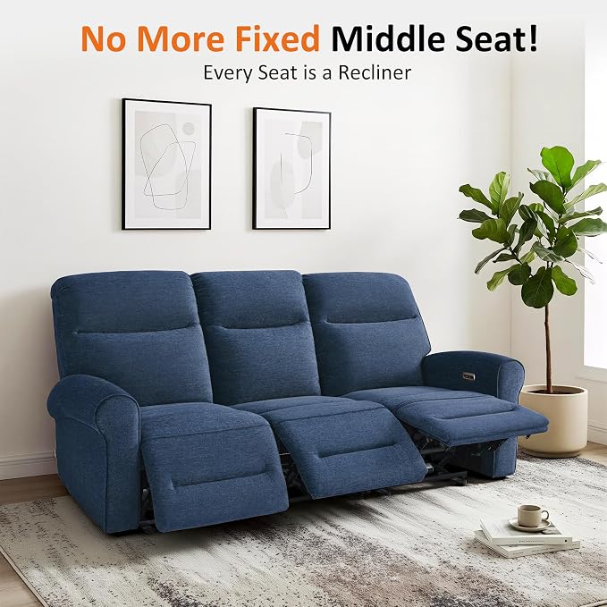 MCombo 87.8" Wall Hugger Power Reclining Sofa, 3-Seat Triple Recliner Couch with USB Ports, Rolled Arm Space Saving Recliner Sofa for Living Rooms Apartments RV, Fabric PR635M5 (Navy Blue)