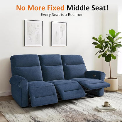 MCombo 87.8" Wall Hugger Power Reclining Sofa, 3-Seat Triple Recliner Couch with USB Ports, Rolled Arm Space Saving Recliner Sofa for Living Rooms Apartments RV, Fabric PR635M5 (Navy Blue)