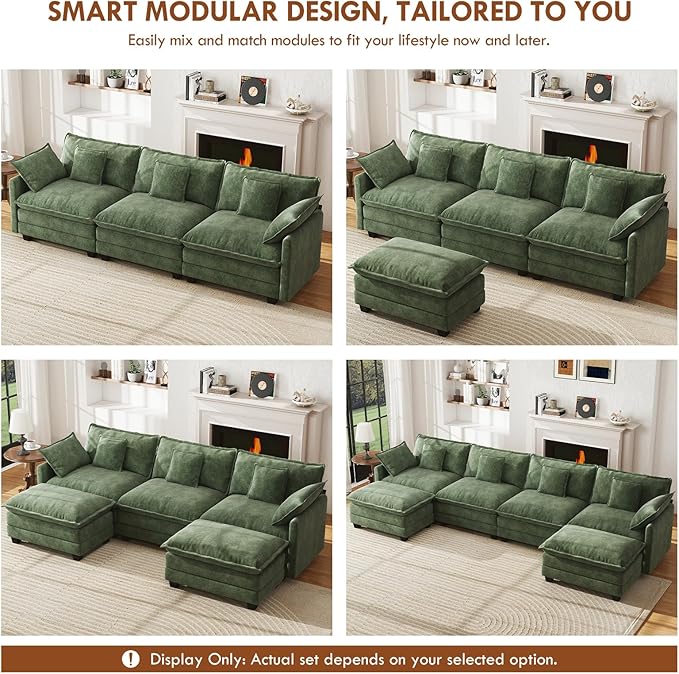 WorthFurni 146” Oversized Modular Sectional Sofa, U Shaped Cloud Couch Set, 4-Seater Comfy Chenille Couches with 2 Movable Ottomans, DIY Combination for Living Room (Green)