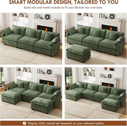 WorthFurni 146” Oversized Modular Sectional Sofa, U Shaped Cloud Couch Set, 4-Seater Comfy Chenille Couches with 2 Movable Ottomans, DIY Combination for Living Room (Green)