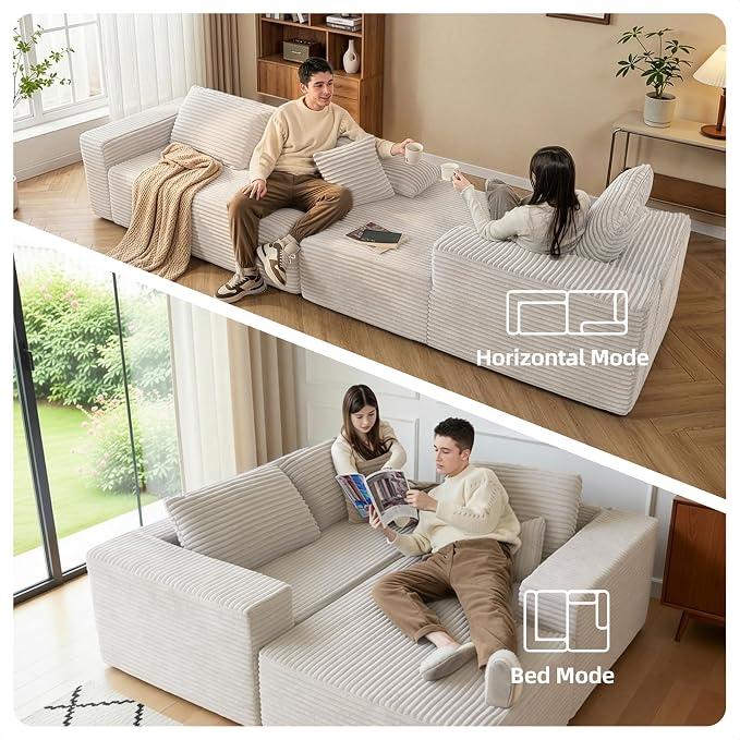 Claiks Boneless Couch, Cloud Couch Sectional, L-Shape Corduroy Modular Sectional Sofa Deep Seat, Upholstered Couches for Living Room, No Assembly Required, Beige, Right Facing Chaise