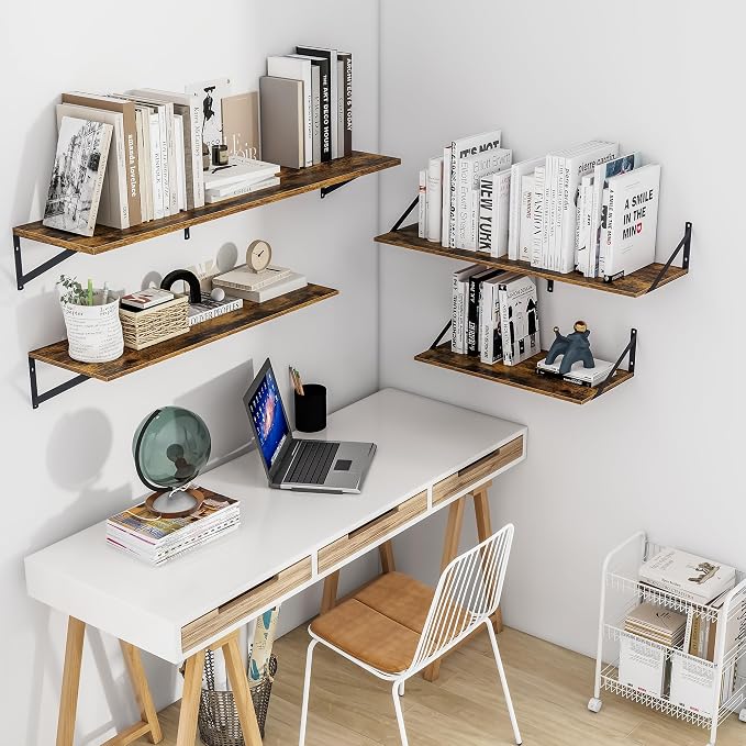 Heimlove Deep Floating Shelves for Wall, 48W x 12D Wood Wall Shelves Set of 2, Wide Floating Bookshelf for Living Room, Kitchen, Office, Bedroom and Decor Storage, with Metal Bracket - Rustic Brown
