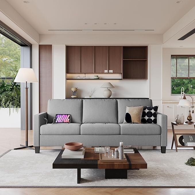 STHOUYN 73" W 3 Seater Couch with USB Ports, Grey Comfy Sofa Couches for Small Spaces, Mid Century Modern Couch Loveseat for Living Room, Bedroom, Apartment (Light Grey)