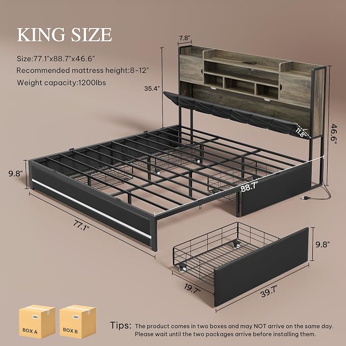 DWVO King Size Bed Frame with RGB LED Lights & Storage Bookcase Headboard, Upholstered Bed with Charging Station and 4 Drawers, No Box Spring Needed, Easy Assembly, Noise-Free, PU Leather Black