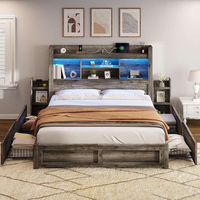 AMERLIFE Queen Bed Frame with 4 Storage Drawers, LED Bed Frame with 49“ Tall Bookcase Headboard, Wood Platform Bed with Charging Station & 2 Slide Bedside Shelf, No Box Spring Needed/Rustic Grey