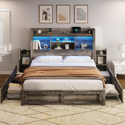 AMERLIFE Queen Bed Frame with 4 Storage Drawers, LED Bed Frame with 49“ Tall Bookcase Headboard, Wood Platform Bed with Charging Station & 2 Slide Bedside Shelf, No Box Spring Needed/Rustic Grey