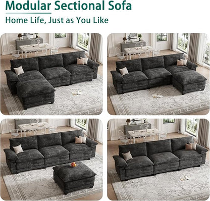 Modern L Shaped Sofa Couches for Living Room, Modular Sectional Cloud Couch with Movable Ottoman, Comfy Chenille Sofa for Apartment and Small Space, Black