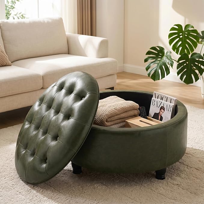 30-Inch Round Storage Ottoman, Button Tufted Ottoman Coffee Table with Removable Top for Living Room, Bedroom, Office (Green)