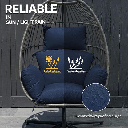 Egg Chair Cushion with 8 Securing Straps, Water-Repellent & Fade-Resistant Faux Linen, Removable Cover, Replacement Cushion for Most Single Outdoor Hanging Swing Egg Chairs – Navy