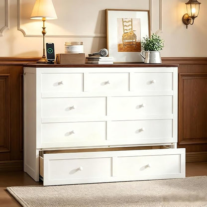 PVWIIK Full Size Murphy Bed with Storage Drawer and UPB,Solid Pine Cabinet Bedframe for Home Office, Guest Room,Multifunctional Bed,White&Walnut