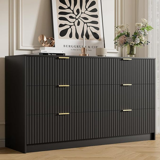 Furniway Black Dresser Bedroom Set 3 Pieces, Nightstands Sets of 2, 6 Drawer Dresser with Gold Handles for Bedroom