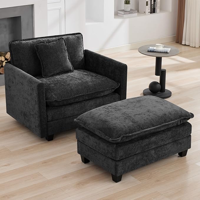 35‘’ Modern Chenille Cloud Sofa Ottoman,Rectangle Ottoman for Modular Sectional Sofa, Dark Grey